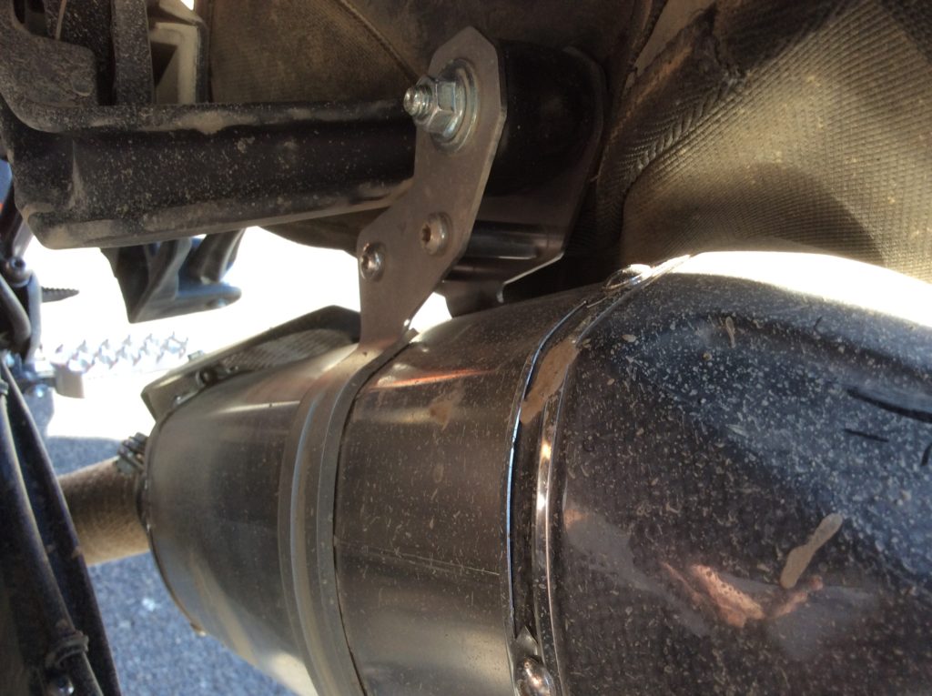 With the stock KTM exhaust, we recommend installing at least one of the included Hot Springs Heat Shields on the top of the exhaust to prevent the Siskiyou Panniers from making direct connect with the hot pipe.