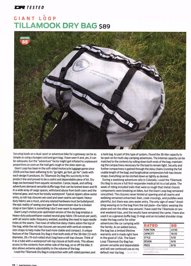 Seiji Ishii reviews Giant Loop's 38-liter waterproof Tillamook Dry Bag for Dirt Rider Magazine