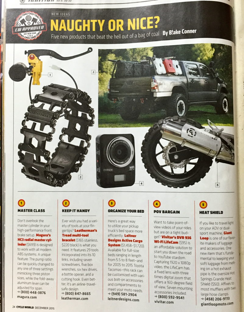 Cycle World magazine December 2015 features Giant Loop Hot Springs Grande Heat Shield exhaust shield